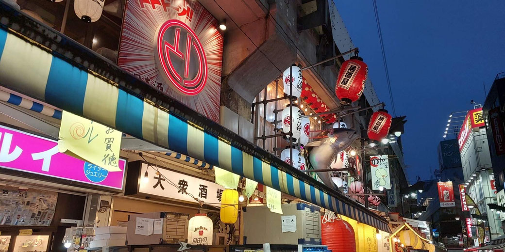 Japanese shopfronts, glowing lanterns, neon signage, and a large pufferfish decoration above restaurants.