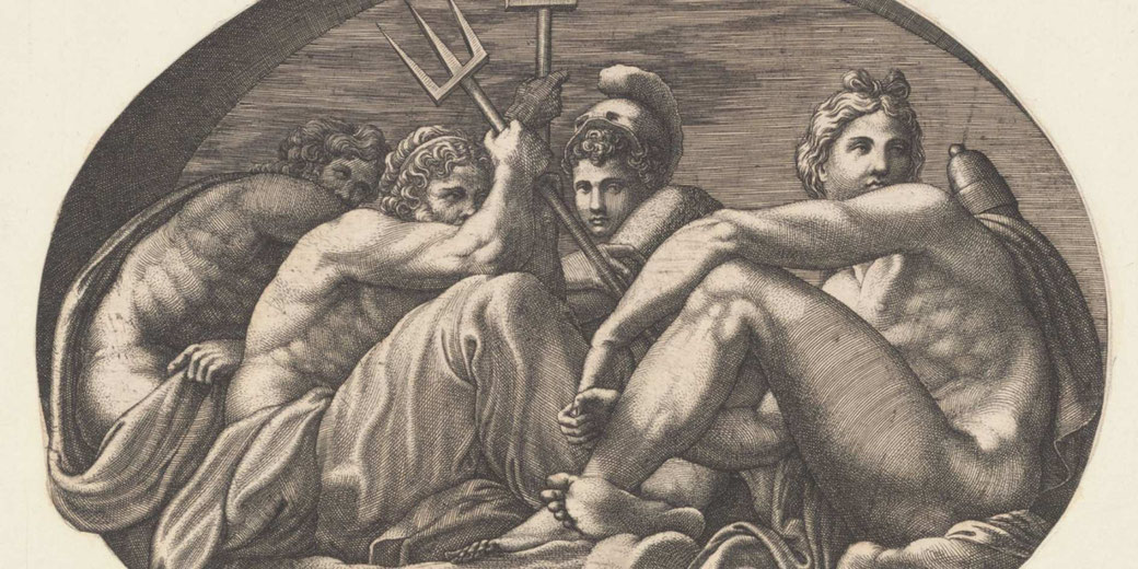 Four mythological figures, likely Apollo, Neptune, Pluto, and Athena, in a circular frame. Neptune holds a trident, Athena wears a helmet, and the figures are dynamically posed.