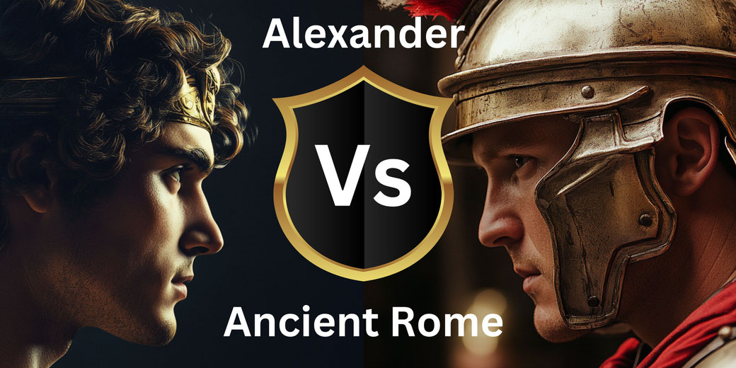 Split image of Alexander the Great in a golden diadem facing a Roman soldier in a helmet, with a shield graphic labeled "Vs" between them.