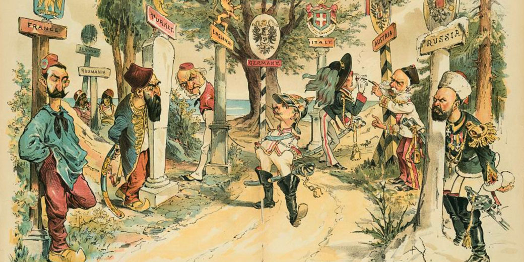 A political cartoon depicts European nations as caricatured figures standing by border signs, symbolizing tensions and rivalries before World War I.