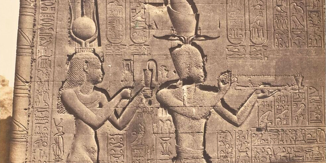 Salted paper print by Félix Teynard showing the rear facade of the Temple of Hathor at Dendera, featuring Cleopatra and Caesarion.