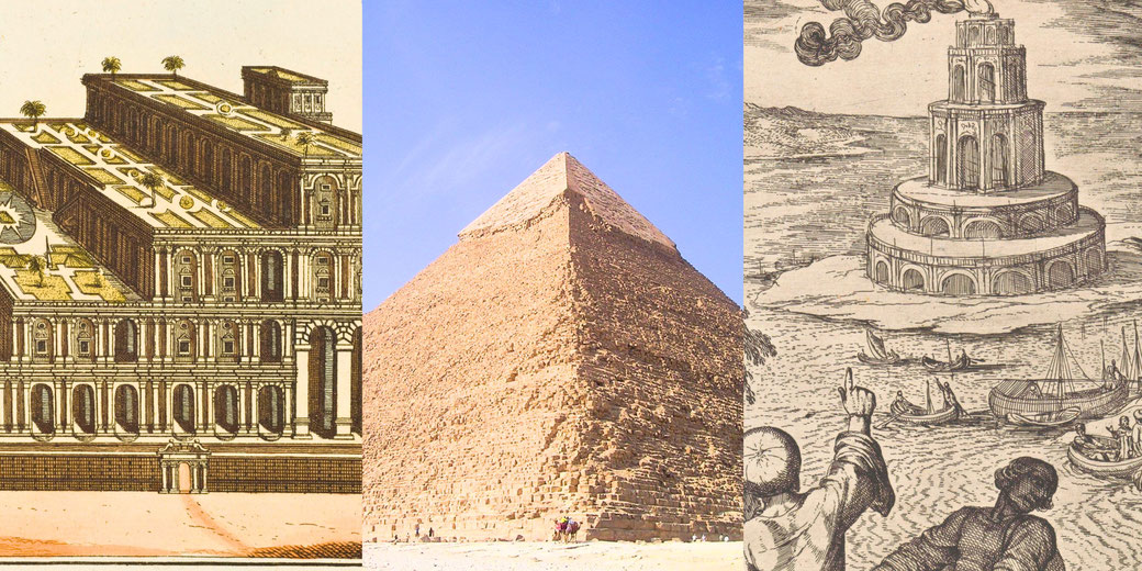 Composite image showing the Hanging Gardens of Babylon, the Great Pyramid of Giza, and the Lighthouse of Alexandria, all iconic ancient wonders.