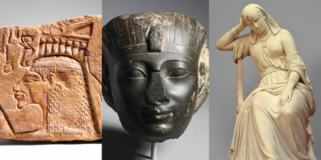 Three distinct representations of Egyptian figures: a carved stone relief, a dark stone pharaoh head, and a classical-style seated sculpture of a woman.