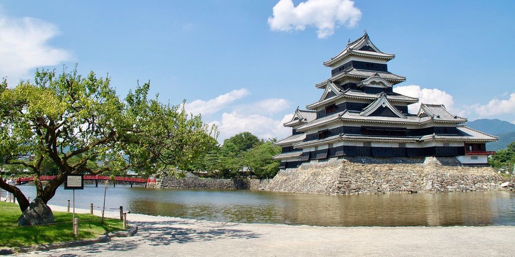 A traditional Japanese castle with black walls stands beside a calm moat, framed by a tree and a red bridge under a clear blue sky.
