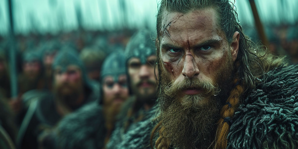 A fierce Viking warrior with braided hair and scars, standing in front of an army of similarly armored warriors, all ready for battle under a cloudy, cold atmosphere.