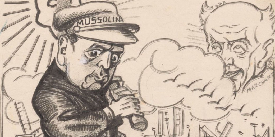 Political cartoon of Benito Mussolini holding binoculars amid smoke and war imagery, with exaggerated facial features and a looming face in the background labeled “Marchand.”