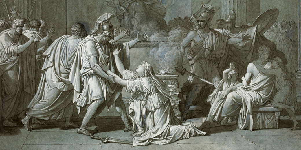Depicts King Leonidas II exiling Cleombrotus, with figures gathered before a statue of Zeus.