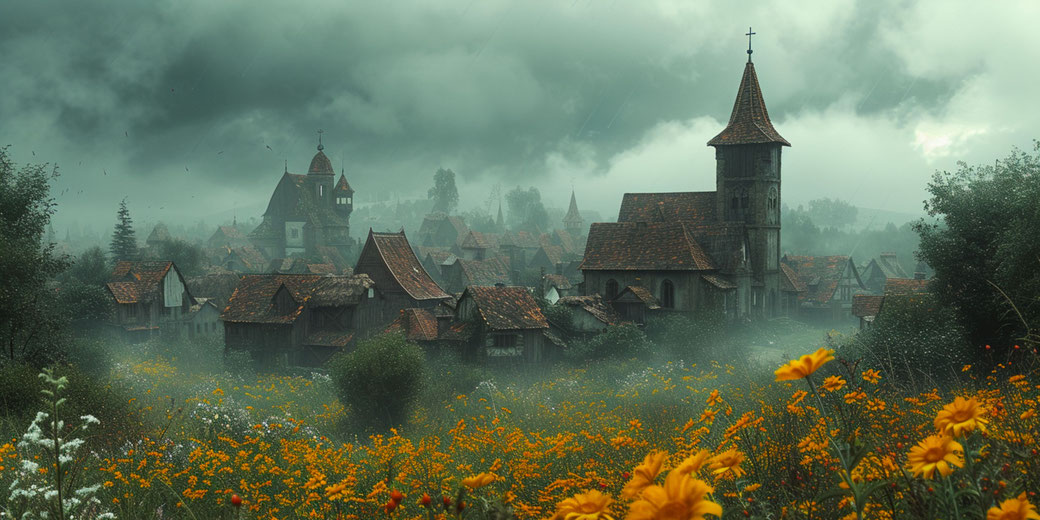 A misty medieval town with weathered buildings, a prominent church tower, and a vibrant field of yellow wildflowers, surrounded by dense greenery under a dark, ominous sky.