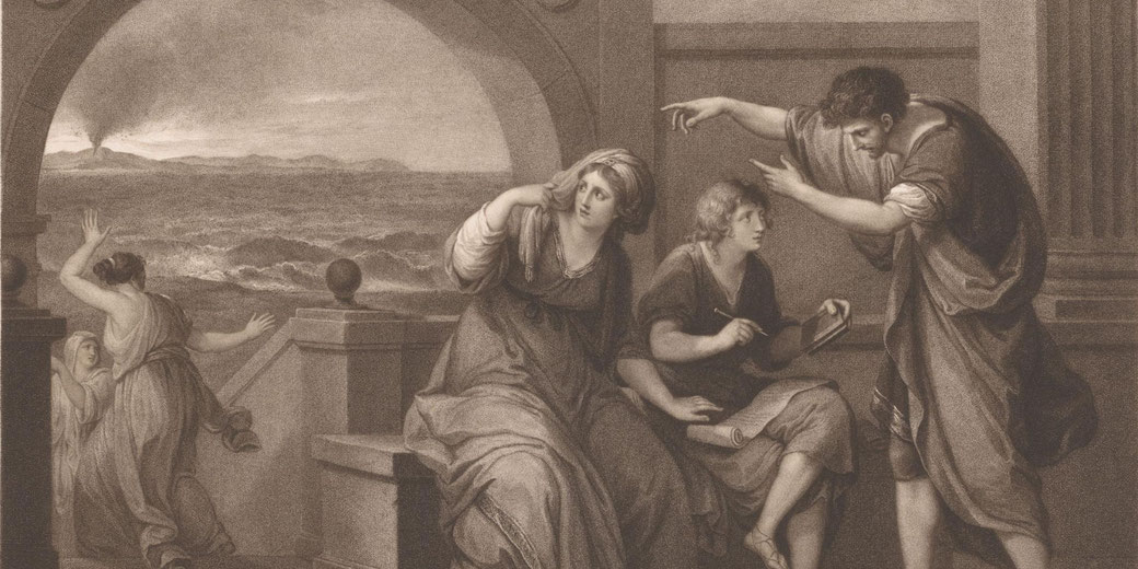 Classical-style engraving of people reacting in fear as Mount Vesuvius erupts in the distance, with smoke rising behind a turbulent sea.
