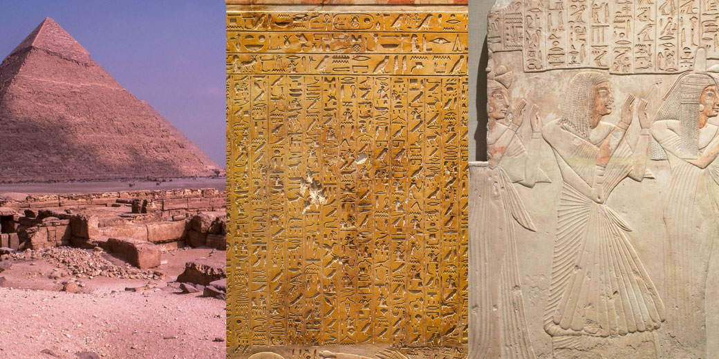 Three key aspects of ancient Egyptian achievements: the Great Pyramid of Khufu, a hieroglyphic-inscribed stela, and a detailed tomb relief showcasing artistic and architectural mastery.