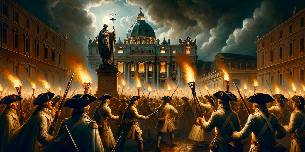 French soldiers entering the Vatican at night with torches and muskets