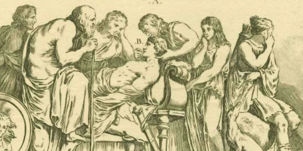 A death scene in ancient Rome, showing a dying man on a couch surrounded by grieving figures. Some comfort him while others mourn, with a dog nearby.