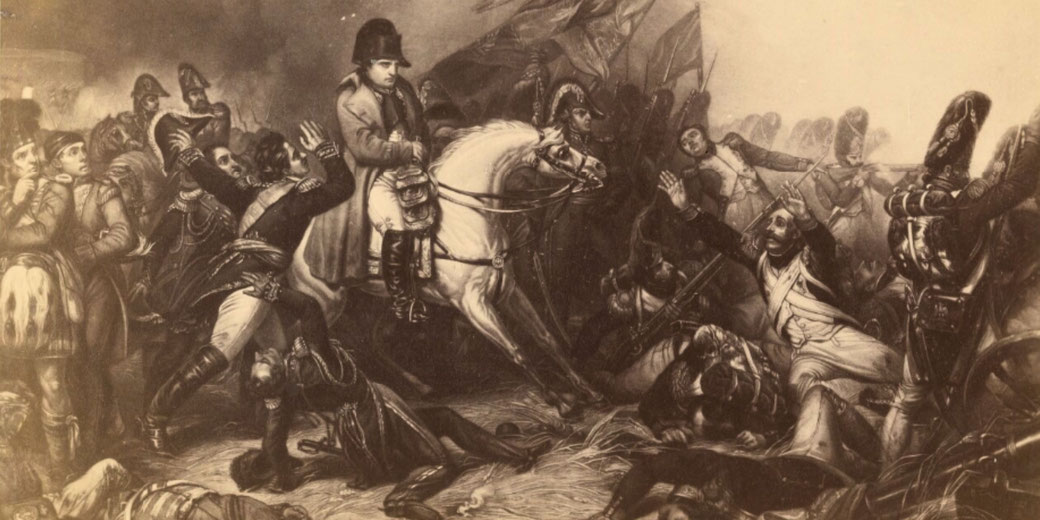 Painting by Charles de Steuben depicting Napoleon on horseback during the Battle of Waterloo.