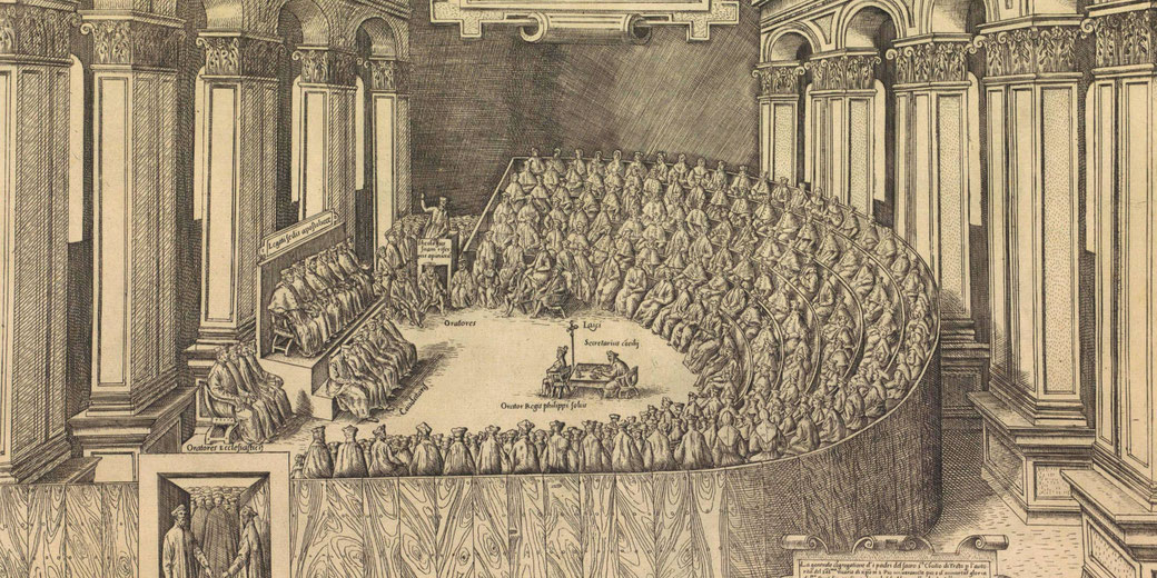 An intricate historical engraving depicts a grand assembly in a semicircular hall with clergy and officials in robes and hats.