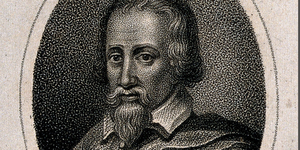 An old engraved portrait of a man with a pointed beard, mustache, and slightly wavy hair, wearing a collared garment, facing forward.