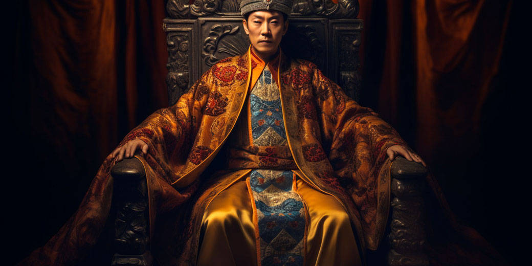 A regal figure in ornate, gold-embroidered robes seated on a grand throne, exuding authority and solemnity. The intricate patterns and dark background emphasize power and majesty.