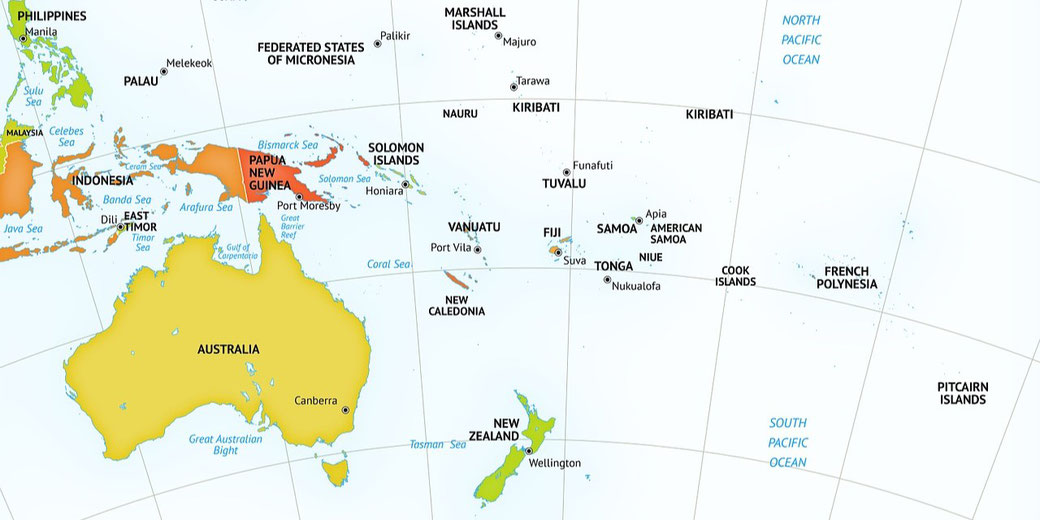 A map highlights Australia, New Zealand, and Pacific Island nations with labeled capitals and surrounding seas.