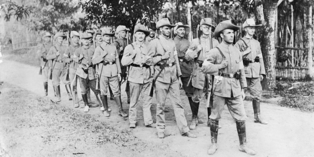 Group of German reservists posed in formation in New Guinea at the start of World War I, taken shortly before Australian forces arrived to occupy the territory.