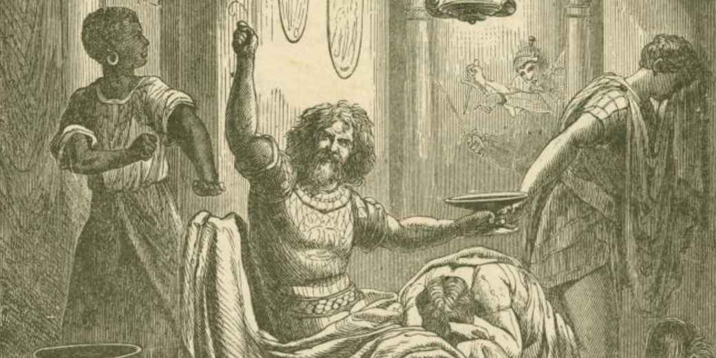 Illustration of a bearded man raising a cup while seated, with two attendants nearby and a soldier seen through an archway.