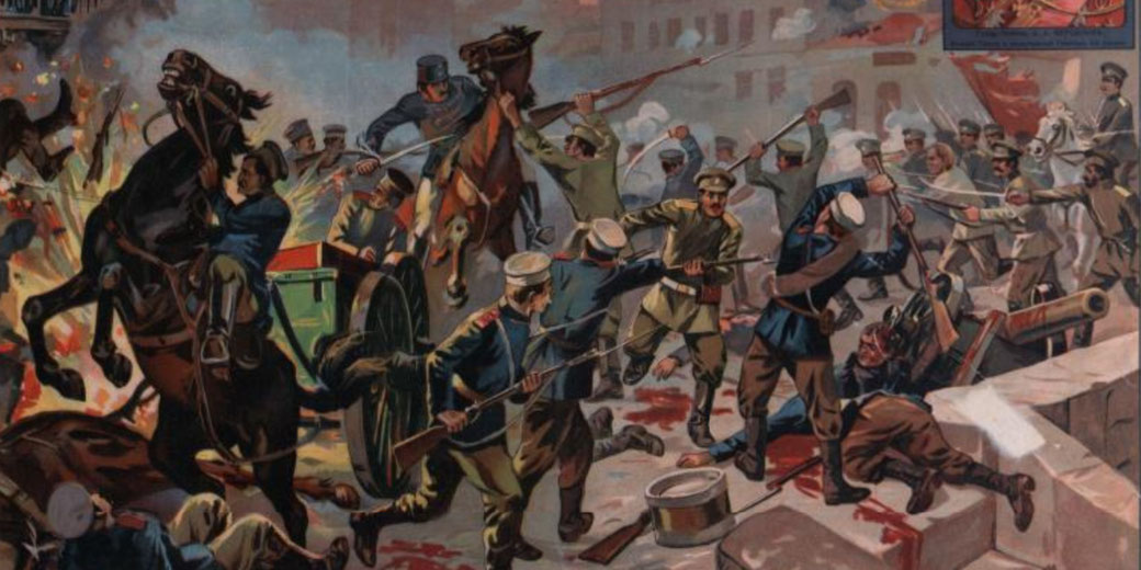 Chaotic battle scene with soldiers fighting hand-to-hand, fallen bodies, raised rifles, and horses amidst explosions and smoke in an urban setting.