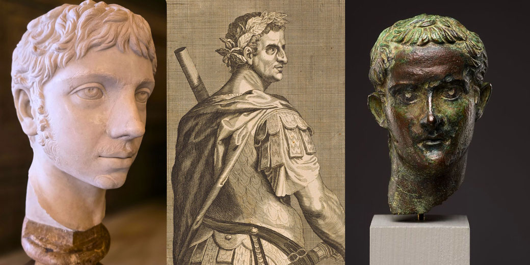 Three different depictions of a Roman figure: a marble bust, an engraved portrait, and a bronze sculpture.