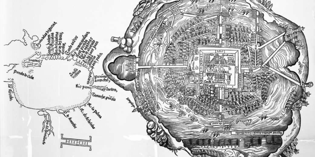 An old map of Tenochtitlán, the Aztec capital, showing its circular layout, canals, and central temple complex. The detailed woodcut-style illustration highlights its urban structure and surroundings.