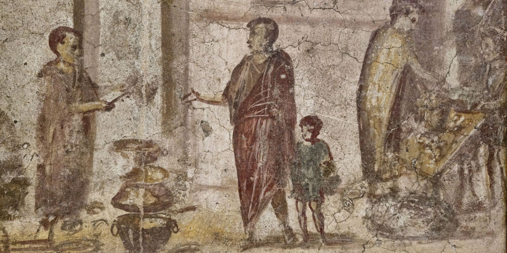 Ancient Roman fresco showing several figures in conversation, including a child, with faded colors and cracked surface, likely depicting a domestic or market scene.