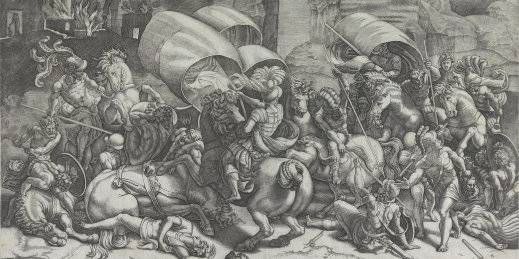 Engraving by Agostino Veneziano showing Roman and Carthaginian soldiers in combat, with a burning city in the background.