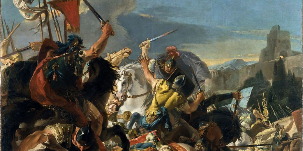 Roman general Marius triumphs over the Cimbrian Gauls in this dynamic battle scene by Tiepolo, part of a series for Venice's Palazzo Dolfin.