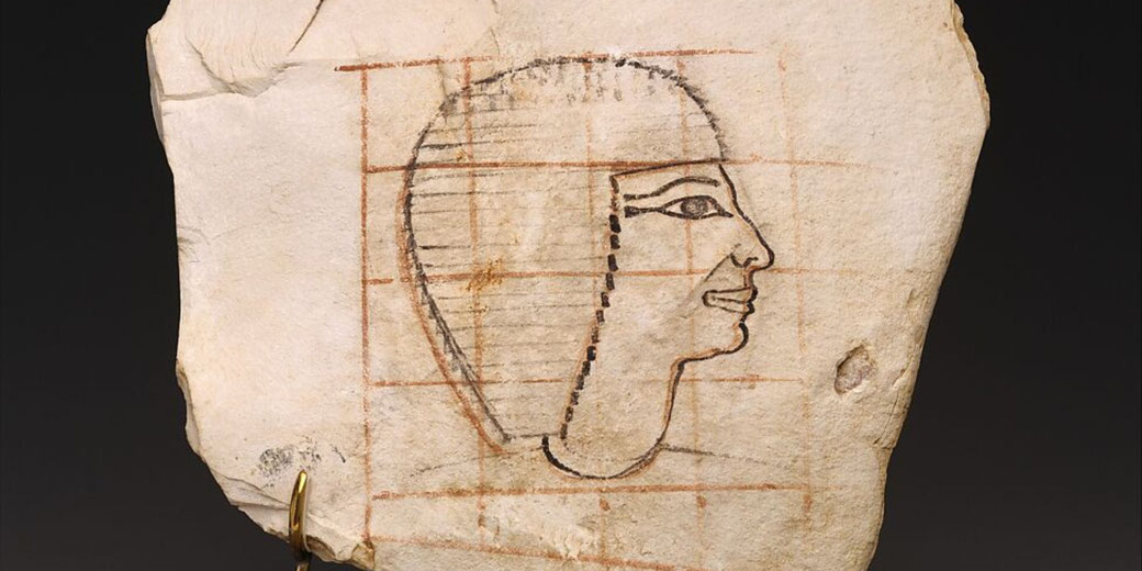 A small limestone ostracon sketched in ink showing Senenmut in profile with grid lines, discovered beneath his offering chapel near Thebes.