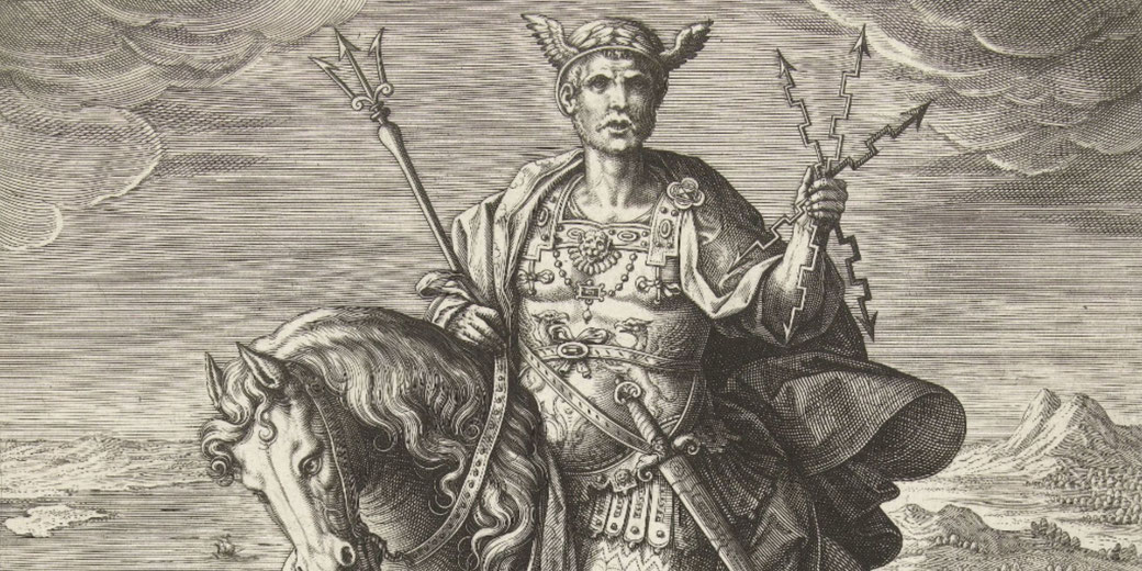 Engraving by Adriaen Collaert after Jan van der Straet, depicting Emperor Caligula on horseback, part of a series on Roman emperors.