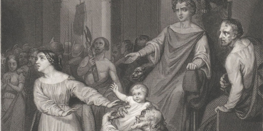 Etching and engraving depicting Perpetua in a hall, gazing upward as a Roman official sits behind her; an elderly man reaches for her child.
