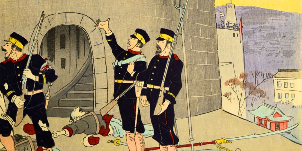 Soldiers guard a fortress as fallen fighters lie nearby, with one soldier pointing toward distant activity on a tower.