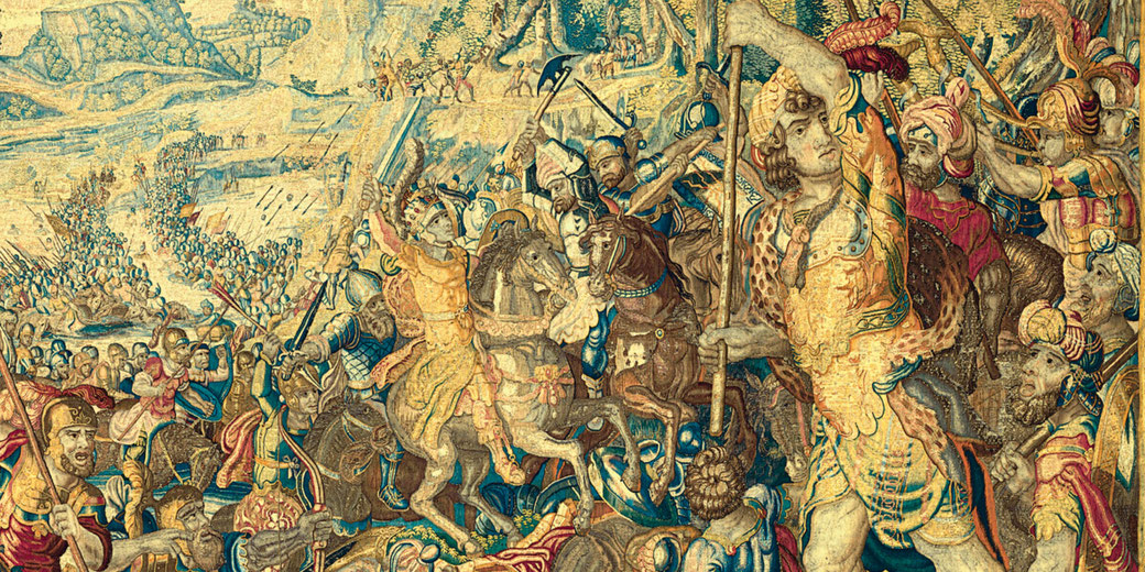 1619 Dutch tapestry by Karel van Mander II showing Alexander charging into battle at the Granicus River.