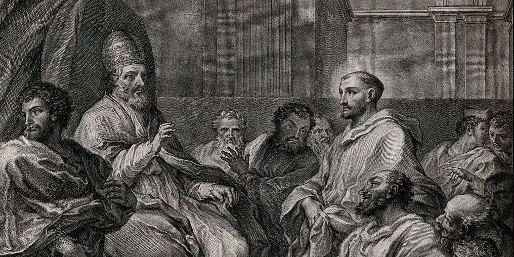 Saint Bernard of Clairvaux mediating between Antipope Anacletus II and Pope Innocent II, surrounded by clerics and scholars in a grand architectural setting.