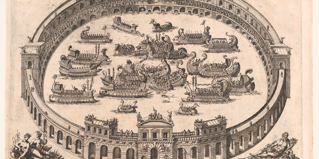 A staged naval battle in the Colosseum. Ships filled with warriors clash in a flooded arena while spectators watch from the grandstands in an elaborate Roman spectacle.