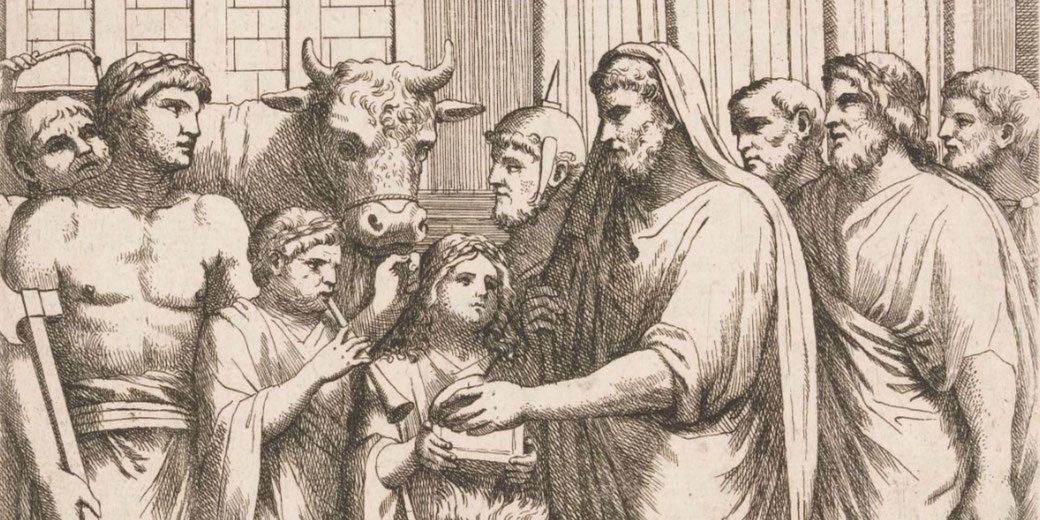Marcus Aurelius leads a sacrificial ritual, surrounded by figures including a youth with a flute and another holding an axe.