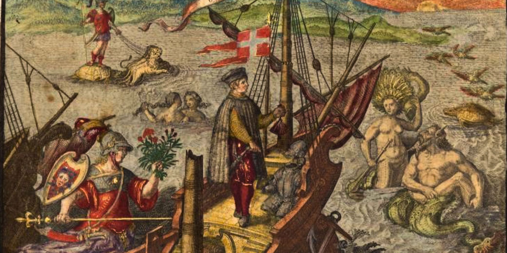 A historical illustration of Christopher Columbus arriving in the New World. The scene includes mythological elements like mermaids and sea gods, blending exploration with fantasy symbolism.