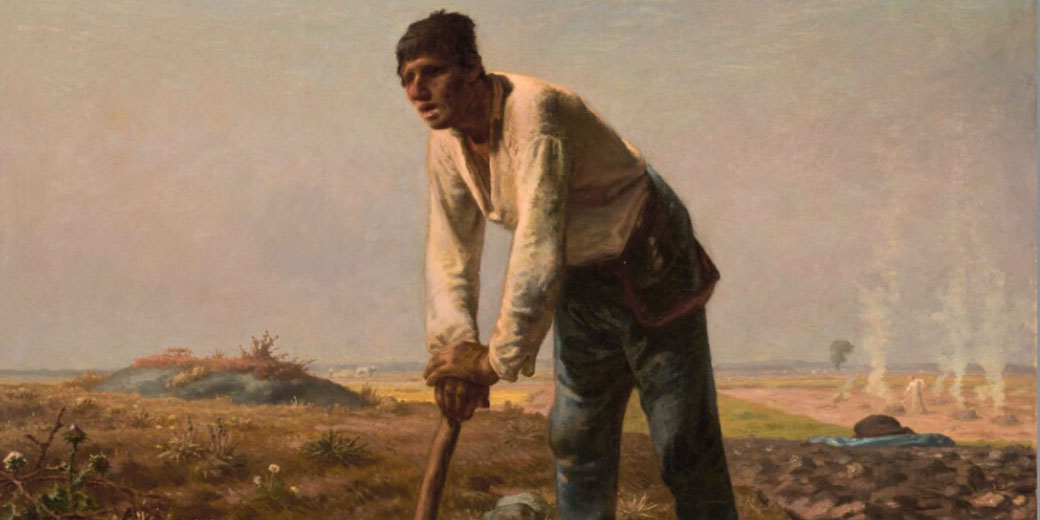 A laborer stands in a field, resting on his hoe, with a weary expression and rustic surroundings.