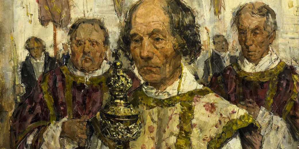 An impressionistic painting depicts a religious procession with three solemn-faced clergy members in ornate vestments.