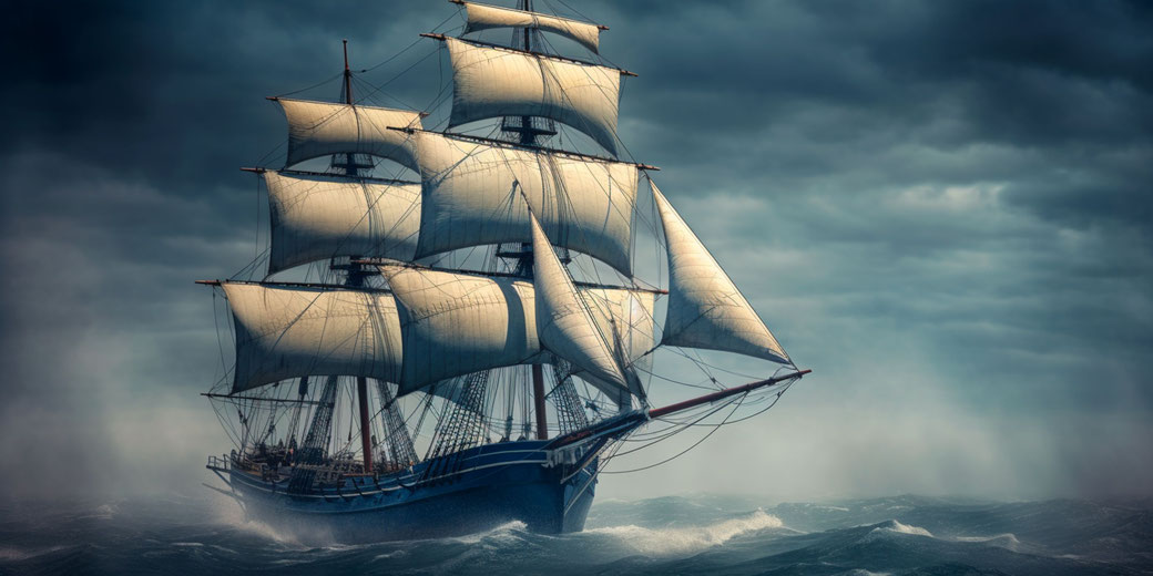 A majestic tall ship with billowing sails navigates rough seas under a stormy sky. The vessel's blue hull contrasts with the dark, misty atmosphere