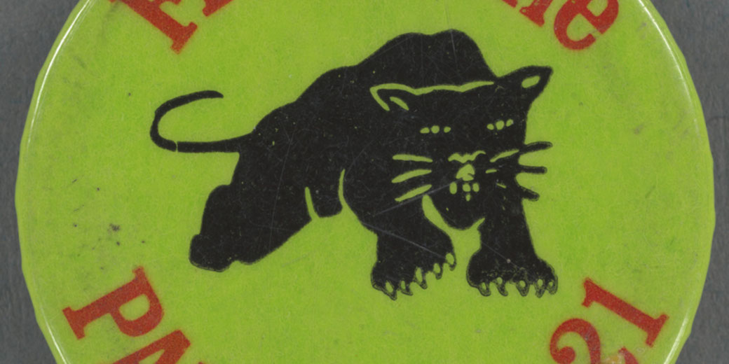A round pin features a black panther illustration on a green background with red text partially visible around the edges.