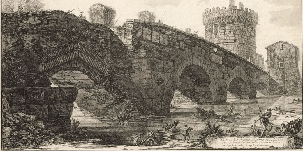 Etching of a Roman stone bridge spanning the Anio River, with a cylindrical tower and figures along the riverbank.