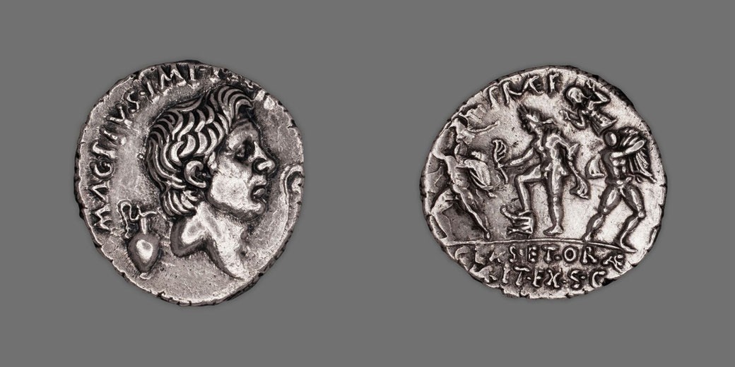 Silver Roman coin with Pompey the Great in profile on one side and Neptune with the Catanean brothers on the other.