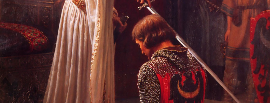 A knight kneels as a woman touches his shoulder with a sword during a ceremonial knighting, surrounded by medieval attire and heraldic symbols.