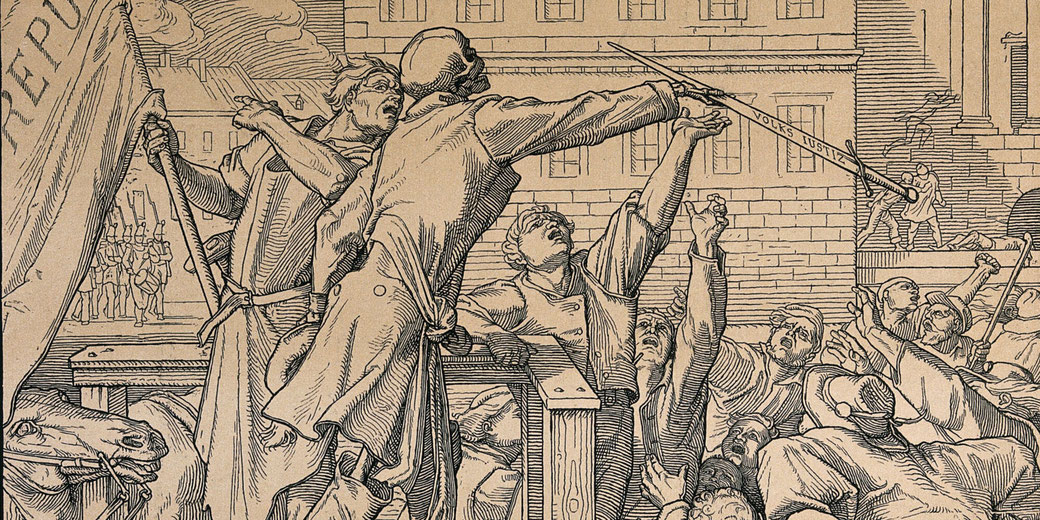 Woodcut-style illustration depicts a revolutionary scene where a skeletal figure, representing Death, hands a sword labeled "Volks Justiz" ("People's Justice") to the masses in a chaotic uprising.