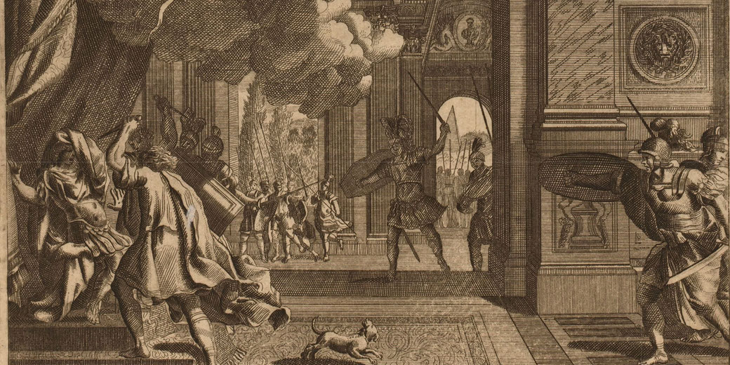 Engraving depicts a chaotic ancient battle scene with soldiers fighting near a temple, smoke rising, and figures fleeing.