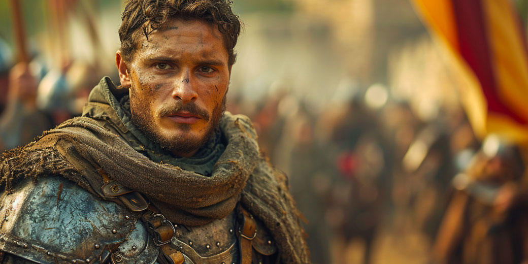 A rugged medieval knight with a determined expression, wearing weathered armor and a tattered cloak.