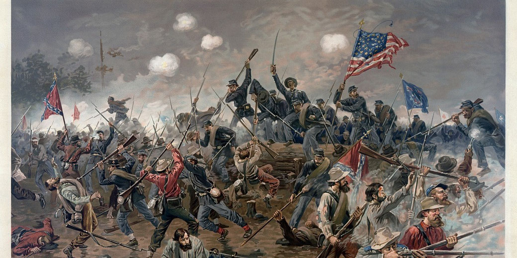 Dramatic battle scene from the American Civil War showing Union and Confederate soldiers clashing with bayonets and flags amid smoke and chaos.