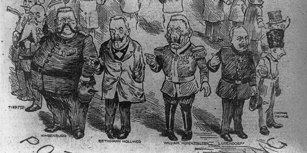 A political cartoon depicting key German military and political figures from World War I, including Hindenburg, Ludendorff, Bethmann Hollweg, and Kaiser Wilhelm II, exaggerated in caricatured style.